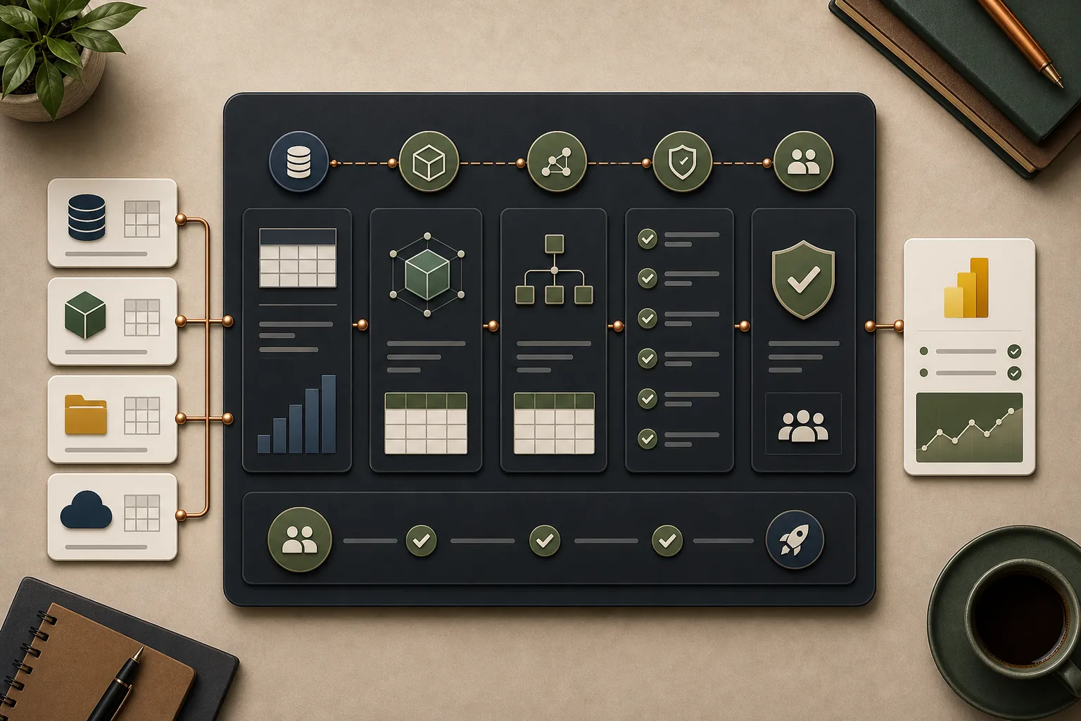 Anonymized BI engineering workbench showing semantic model, validation, source-control, and delivery-readiness cues.